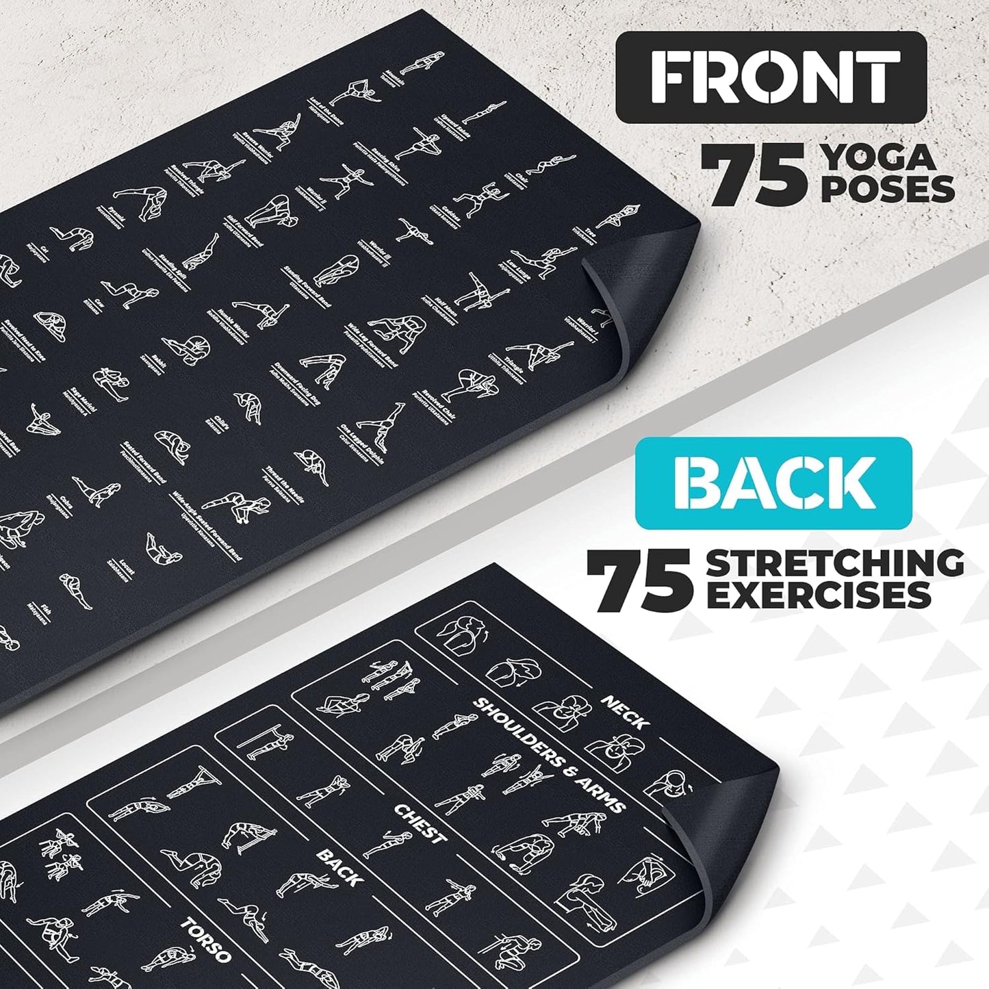 Instructional Yoga Mat with Carrying Strap: Cute Yoga Mat with 75 Illustrated Yoga Poses + 75 Easily-Followed Stretching Exercises - 1/4” Thick, Non-Toxic, Non-Slip Yoga Mats for Women and Men