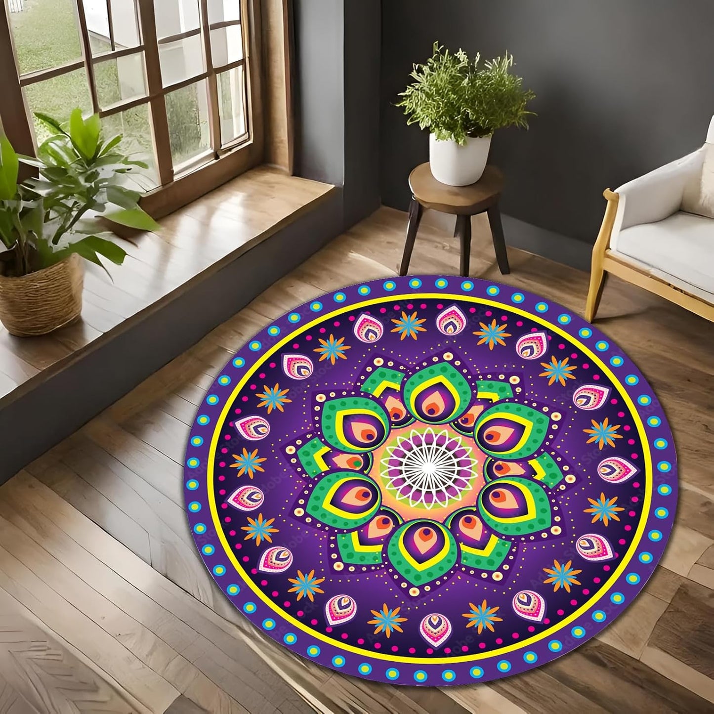 Chakra Round Area Rug, Non-Slip Meditation & Yoga Carpet for Living Room, Meditation Round Area Rugs, Modern Circular Bedroom Rug 57
