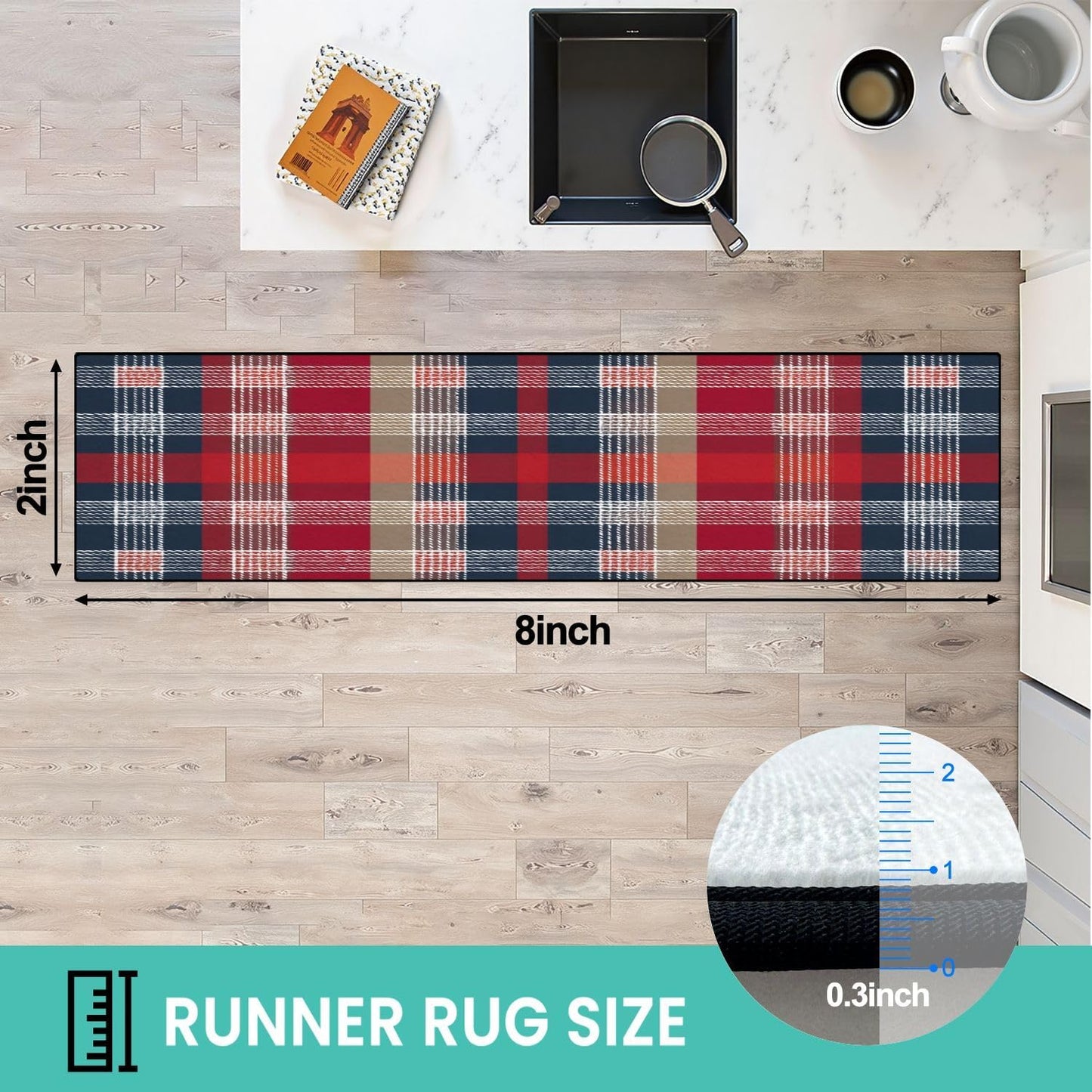 Runner Rug Washable 2x6 White Navy Blue Green Tartan Plaid Scottish Texture from Tartan Plaid Non-Slip Hallway Area Rug Indoor Outdoor Home Decor for Entryway Bathroom Kitchen Carpet Yoga Floor Mat