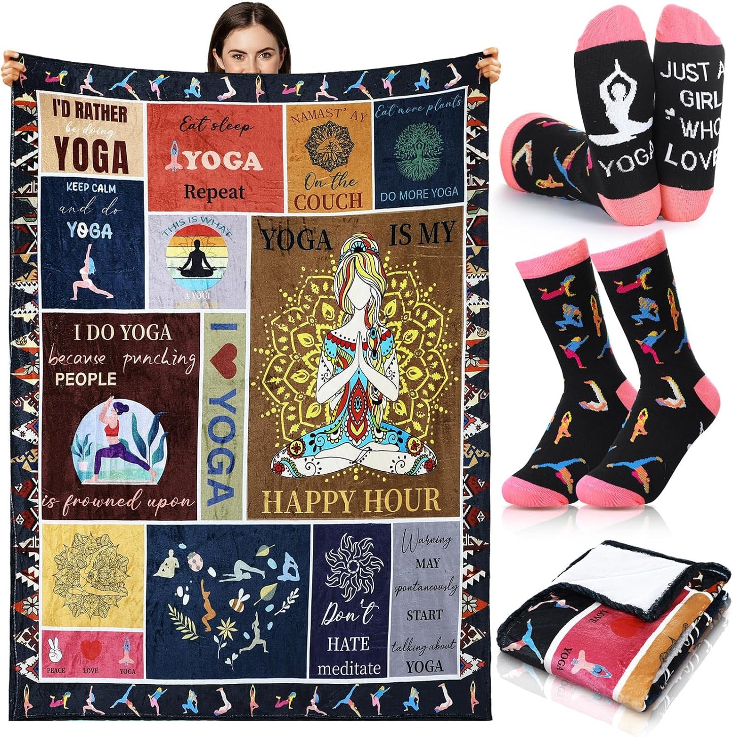 HunnmingRe 2 Pcs Unique Yoga Blanket and Socks Gifts for Yoga Lovers 50" x 60" Restorative Instructor Teacher Mother's Day Birthday Gag Gifts for Meditation Gymnasts Women Girls