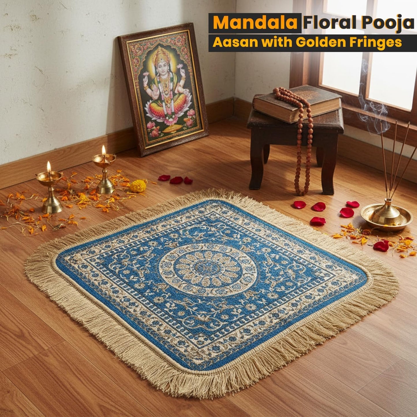 Soft Chenille Prayer Mat | Traditional Mandala Floral Pooja Aasan with Golden Fringes | Multipurpose Square Rug for Meditation, Yoga, Puja Room & Home (Red, 2x2 Feet)