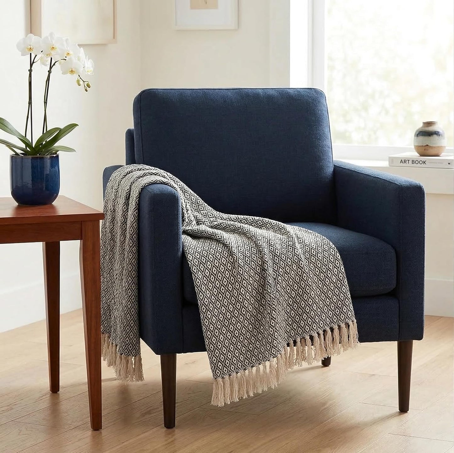 Americanflat 50x60 Throw Blanket - Soft and Breathable Cotton Throw Blanket for Couch, Bed, Chair - Decorative Blankets Perfect for Home or Outdoor Use - Navy Blue and White Double Diamond Design