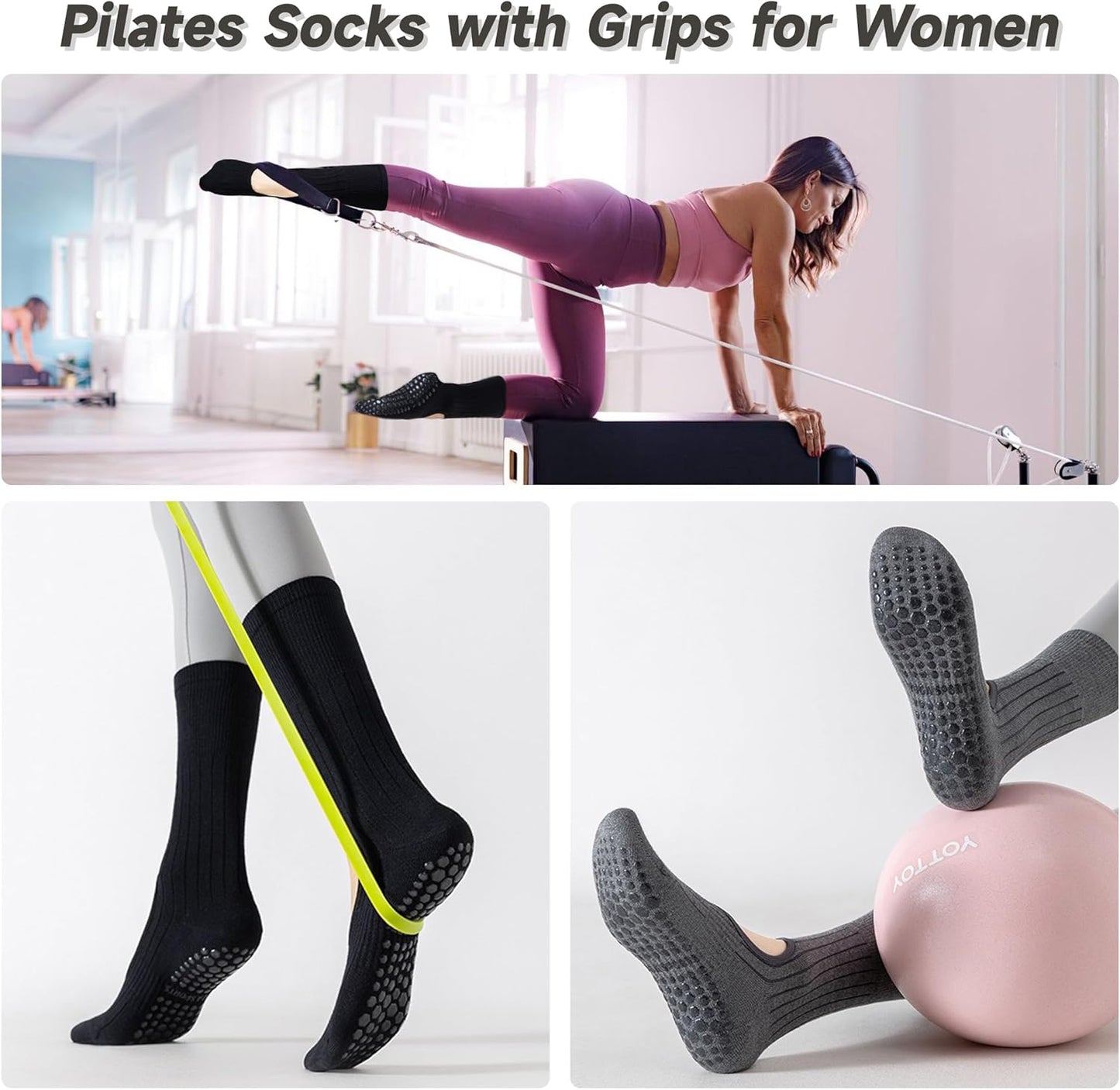 Grip Socks Pilates,4/6Pairs Cotton Cute Pilates Socks for Women, Ruffle Grippy Sock for Yoga Barre Hospital 5-10in