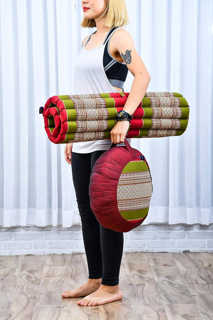 Leewadee Meditation Cushion Set – 1 Round Zafu Meditation Pillow and 1 Square Roll-Up Zabuton Meditation Mat, Pillows Bundle Filled with Kapok