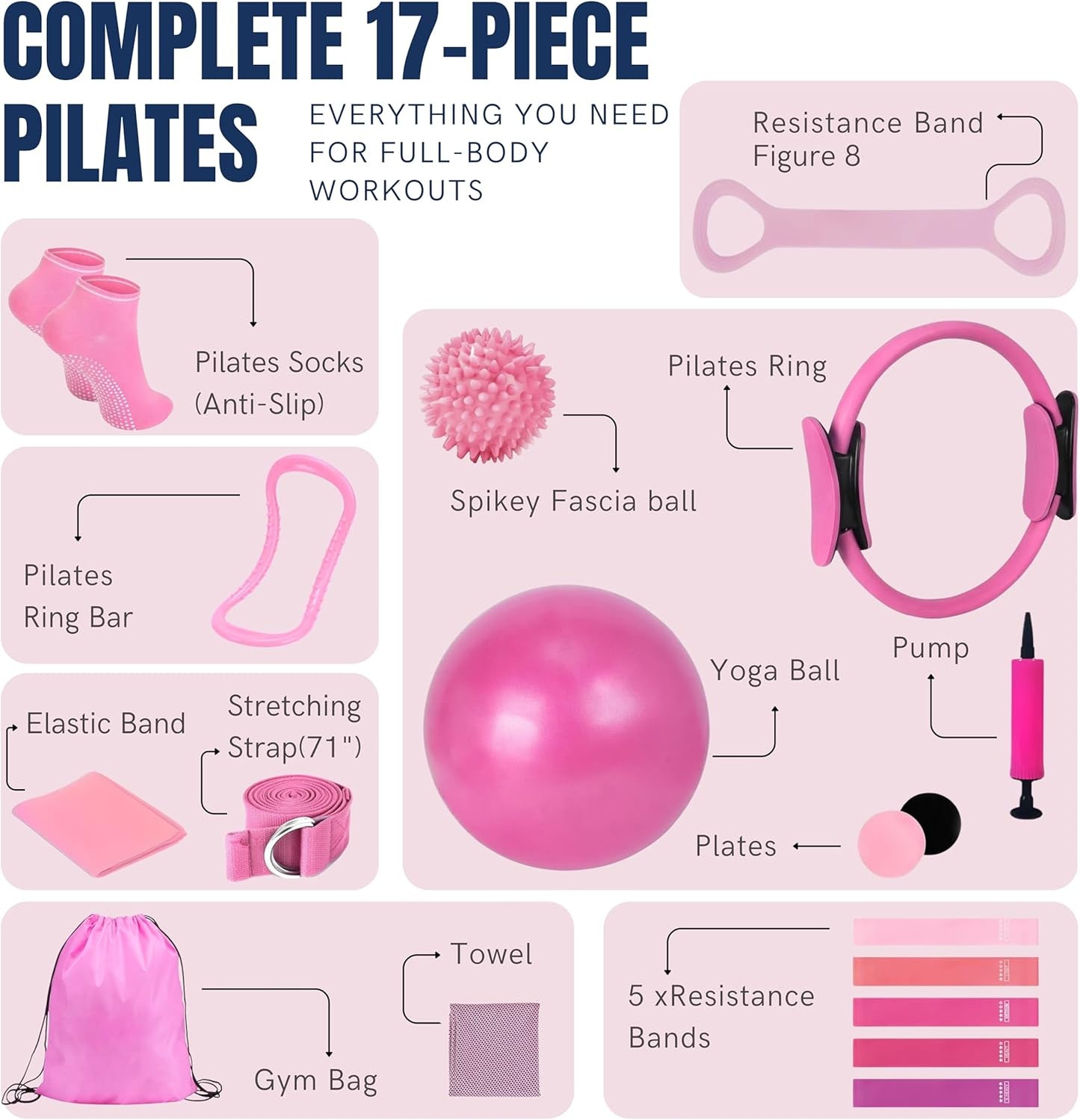 Pilates Kit for Women 17PCS, Home Pilates Workout Equipment Set with 14” Pilates Ring and Ball, Resistance Bands, Stretch Strap, Yoga Ring, Full Body Fitness Kit for Home Gym