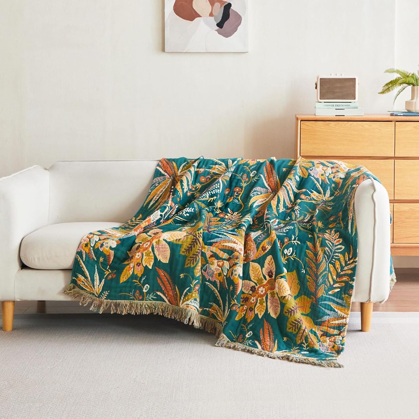 Boho Throw Blanket - 100% Cotton Soft Summer Throw Blanket for Bed, 50"x60" Reversible Breathable Lightweight Blankets, All Seasons Farmhouse Decor Floral Plant Butterfly Throw Quilt