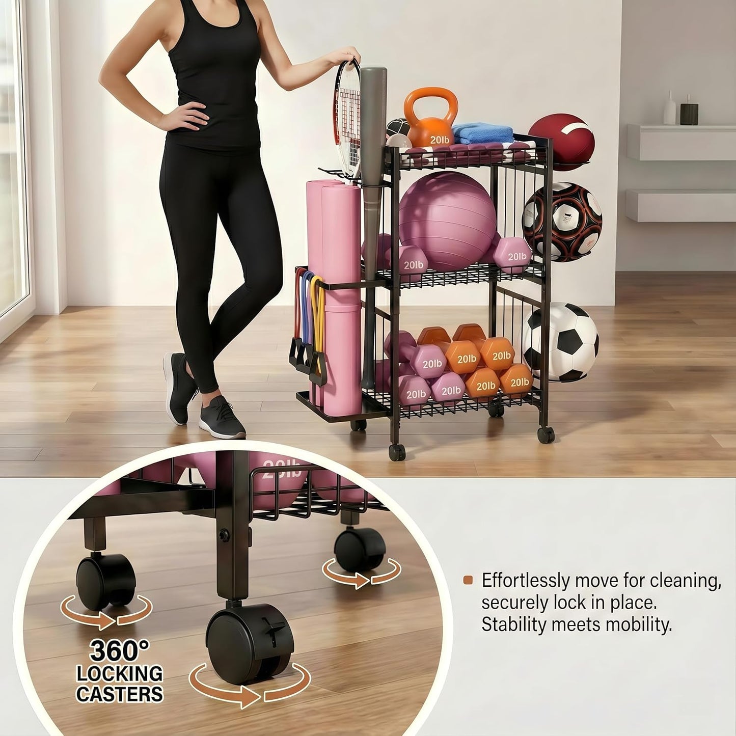 Home Gym Storage Rack 3-Tier Dumbbell Rack with Ball Holder & Side Basket Heavy Duty Vertical Workout Equipment Organizer for Yoga Mats Lockable Wheels