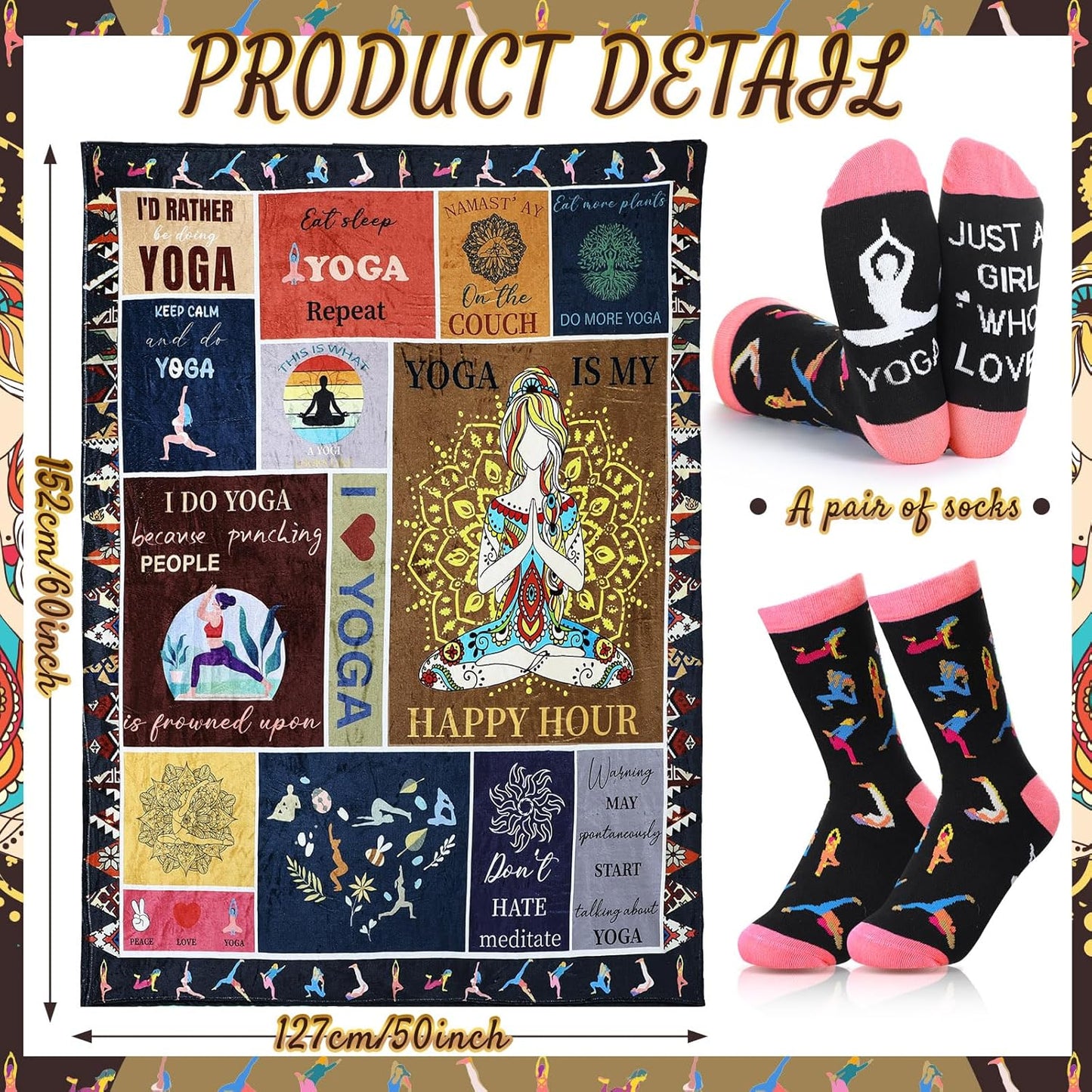 HunnmingRe 2 Pcs Unique Yoga Blanket and Socks Gifts for Yoga Lovers 50" x 60" Restorative Instructor Teacher Mother's Day Birthday Gag Gifts for Meditation Gymnasts Women Girls