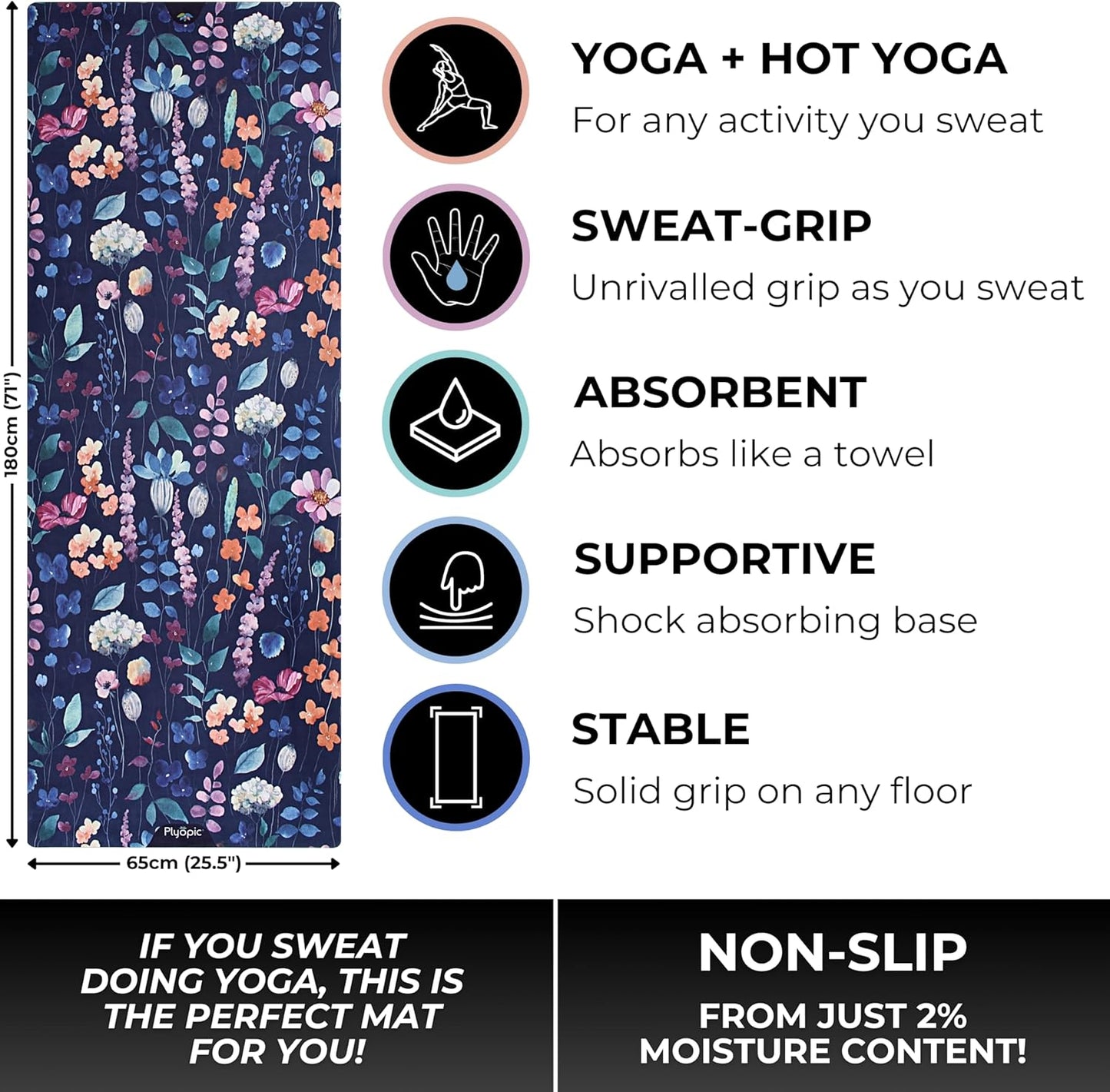 Plyopic. All In One Yoga Mat | Luxury Sweat-Grip Mat/Towel Combo | Ideal for Yoga, Hot Yoga, Bikram, Pilates, Workout & Exercise | Eco-Friendly Natural Rubber