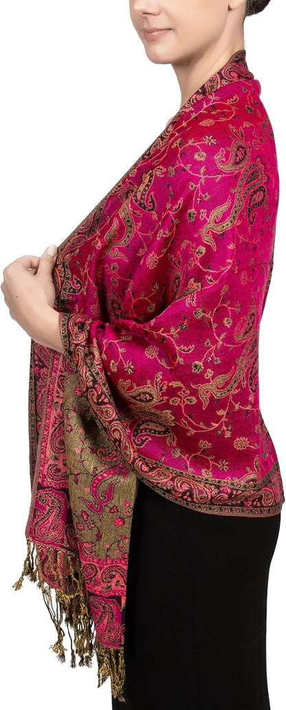 Achillea Reversible Paisley Pashmina Rave Scarf – Exotic Indian Shawls and Wraps for Evening Dresses, Festivals, All Seasons - Colors A
