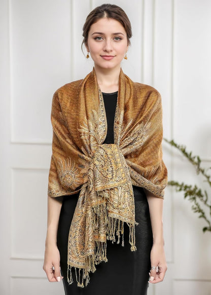Achillea Reversible Paisley Pashmina Rave Scarf – Exotic Indian Shawls and Wraps for Evening Dresses, Festivals, All Seasons - Colors A