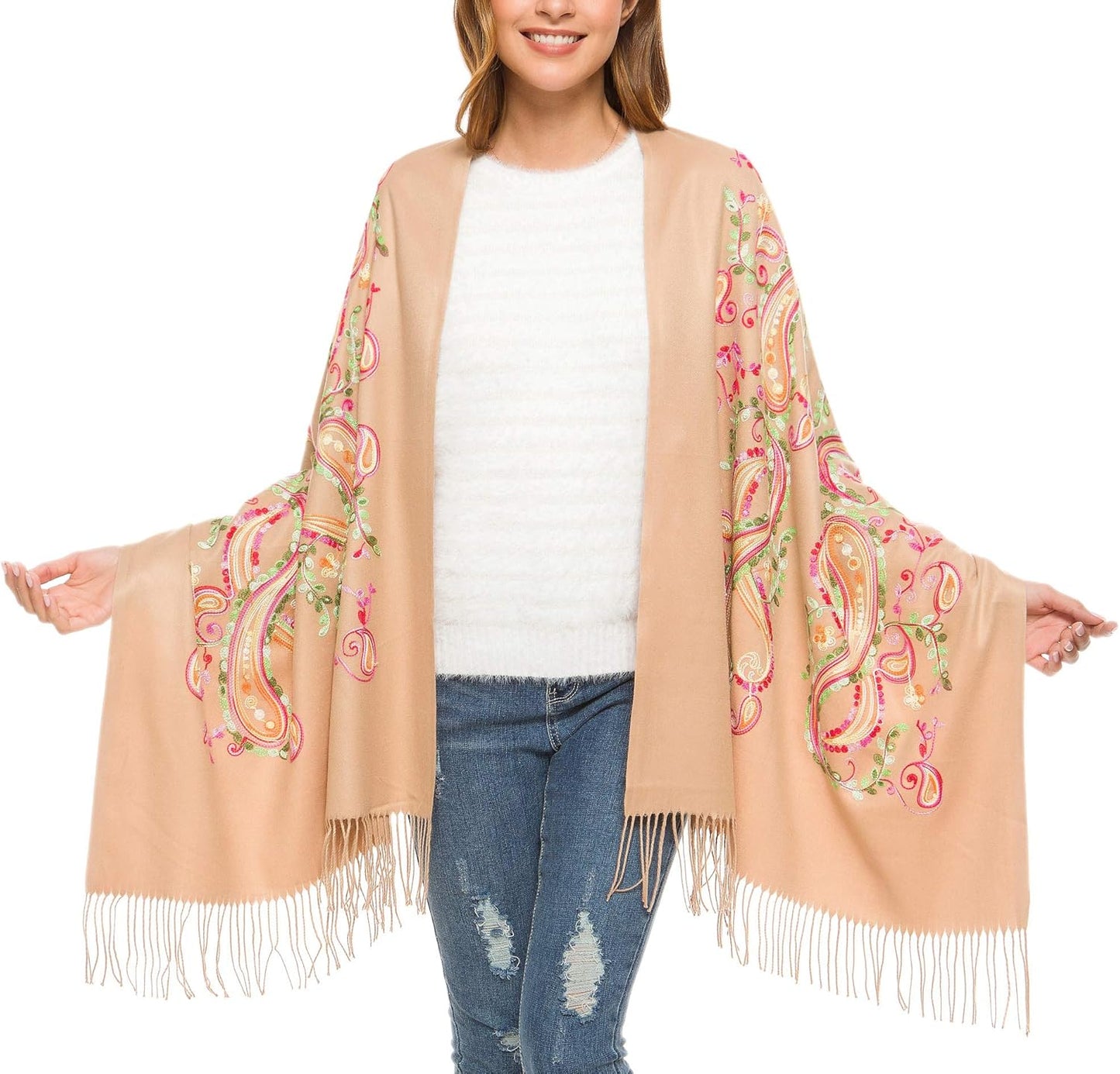 Urban CoCo Women's Embroidered Oversize Tassel Shawl Scarf Wraps for Women