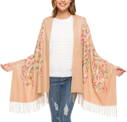 Urban CoCo Women's Embroidered Oversize Tassel Shawl Scarf Wraps for Women