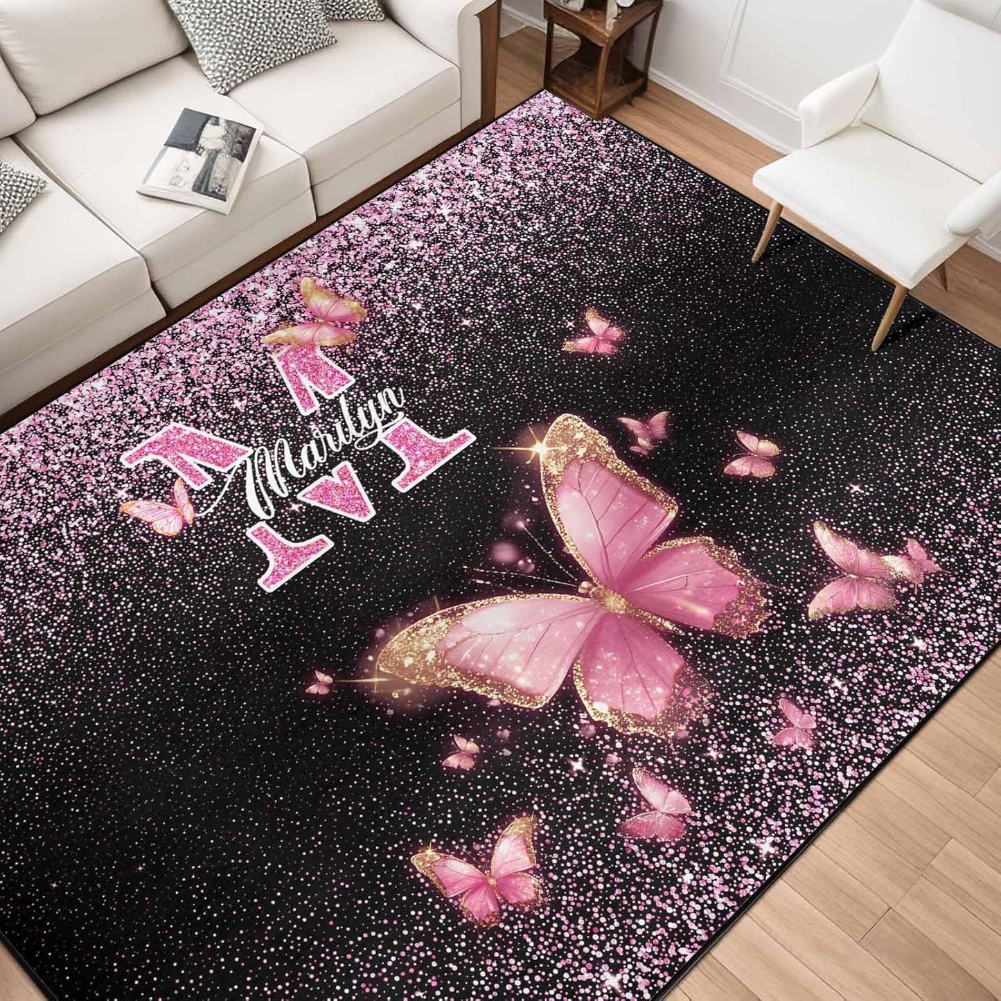Personalized Family Name Initials Monogram Pink Rug, Shining Butterfly Printed Carpets for Girls Kids Butterfly Theme Living Room Indoor Bedroom Decor 5'×7' Soft Polyester Yoga Mat