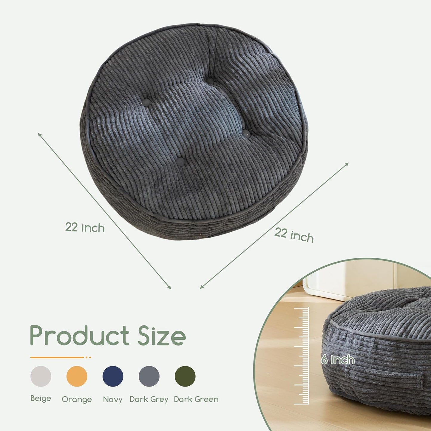 HIGOGOGO Floor Pillow Cushion for Adults, Meditation Cushion Pillow, Large Square Floor Sitting, Tufted Corduroy Cover, for Tatami Living Room or Yoga, 22x22 Inch, Dark Grey