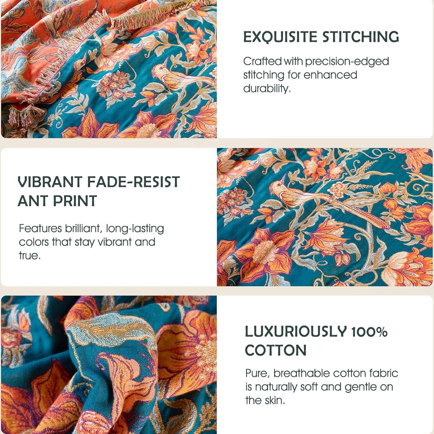 Boho Throw Blanket - 100% Cotton Soft Summer Throw Blanket for Bed, 50"x60" Reversible Breathable Lightweight Blankets, All Seasons Farmhouse Decor Floral Plant Butterfly Throw Quilt