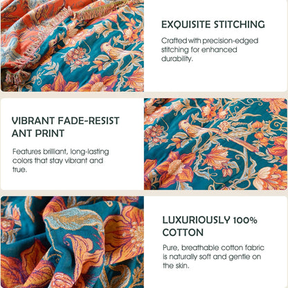 Boho Throw Blanket - 100% Cotton Soft Summer Throw Blanket for Bed, 50"x60" Reversible Breathable Lightweight Blankets, All Seasons Farmhouse Decor Floral Plant Butterfly Throw Quilt