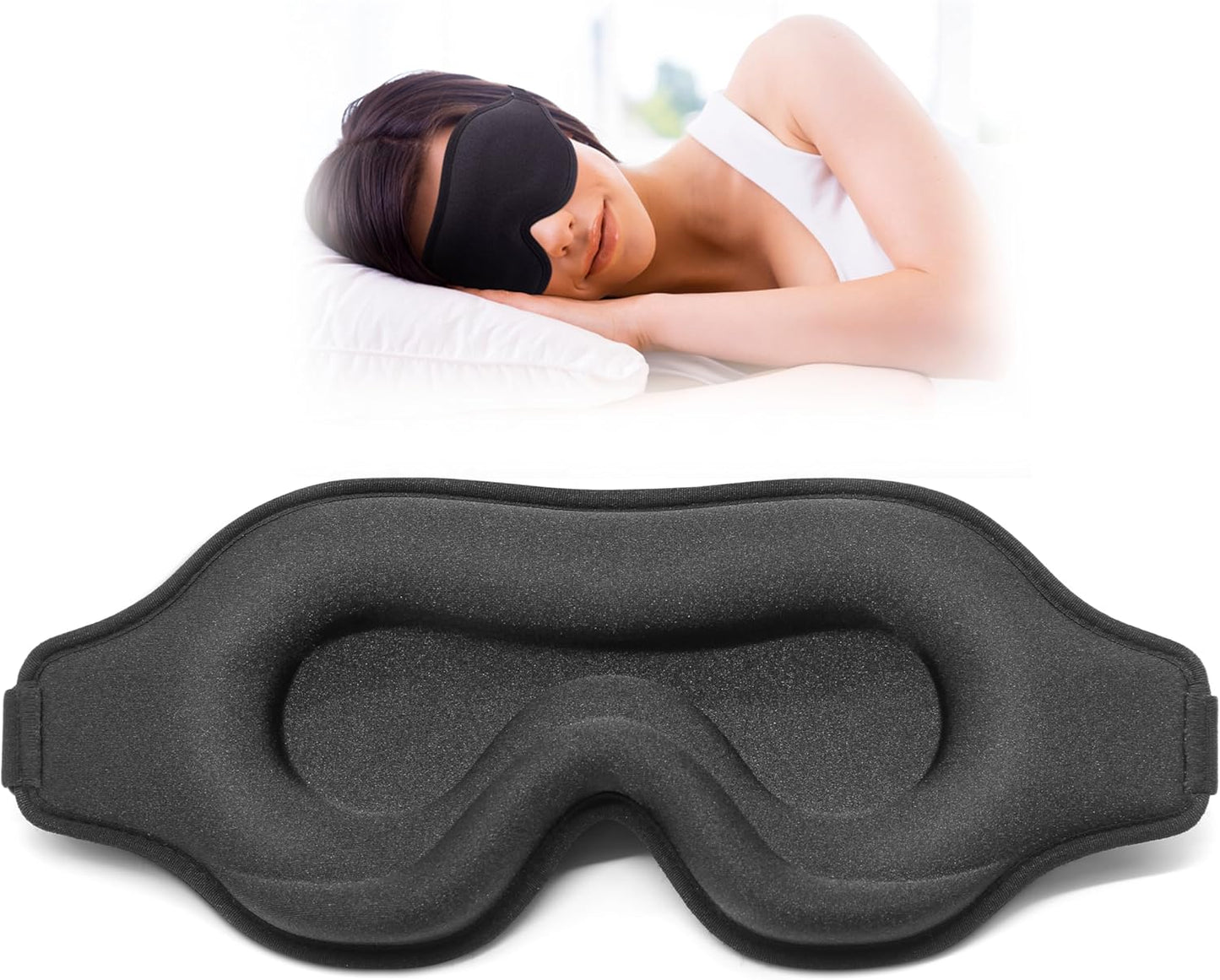 Sleep Eye Mask for Men Women, Sleeping Mask for Side Sleeper, Travel Blackout Night Blindfold Eye Shade Cover with Adjustable Strap (Black)