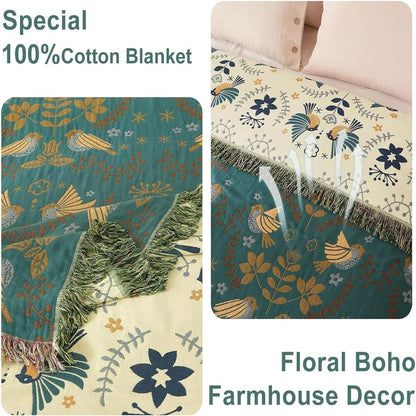 Boho Throw Blanket - 100% Cotton Soft Summer Throw Blanket for Bed, 50"x60" Reversible Breathable Lightweight Blankets, All Seasons Farmhouse Decor Floral Plant Butterfly Throw Quilt