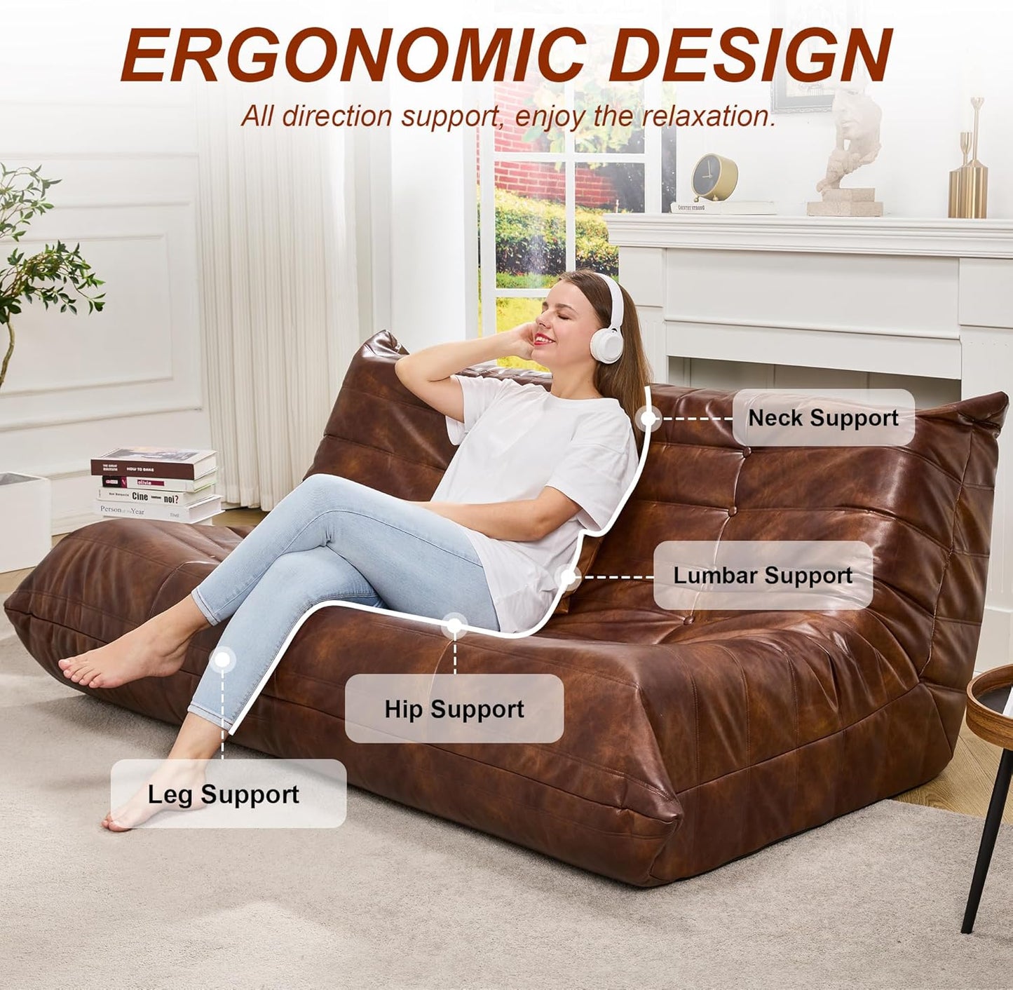 Hobestluk Giant Bean Bag Chair Lazy Floor Sofa, Memory Foam Fireside Sofa for Adults, Big Beanbag Faux Leather Armless Chair for Living Room Bedroom Dorm Office (Brown, Single)