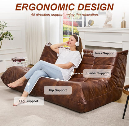 Hobestluk Giant Bean Bag Chair Lazy Floor Sofa, Memory Foam Fireside Sofa for Adults, Big Beanbag Faux Leather Armless Chair for Living Room Bedroom Dorm Office (Brown, Single)