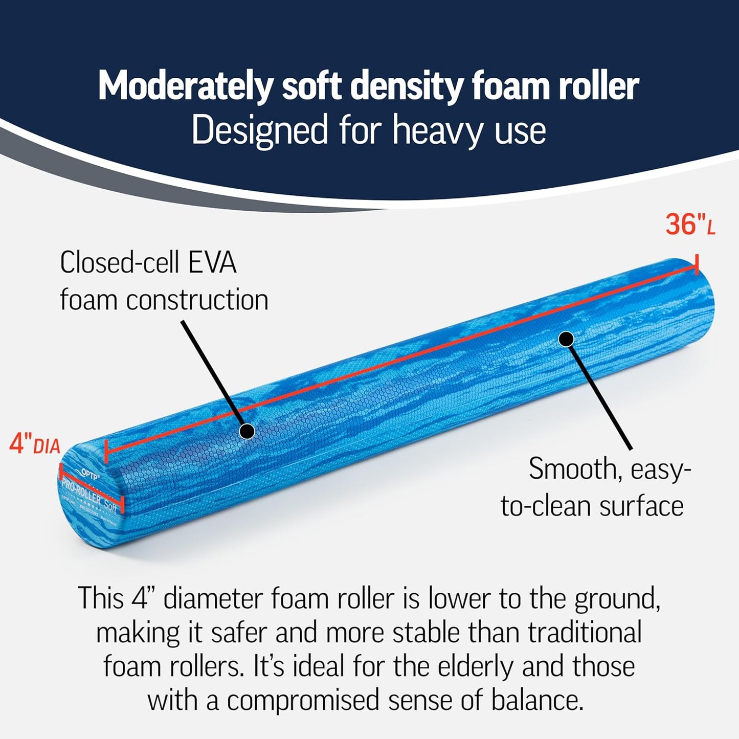 OPTP PRO-Roller Soft Density Foam Roller – Low Density Soft Foam Roller for Physical Therapy, Pilates, Yoga Foam Roll Exercises, and Muscle Recovery - Blue 18" x 6"