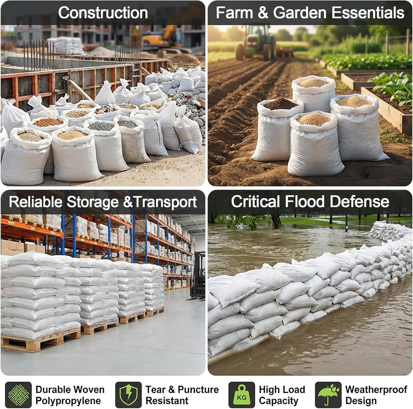 MAQIHAN Empty Sand Bags - 8PCS Woven Polypropylene Heavy Duty Tear Resistant Sandbags for Hurricane Sand Bags for Flooding Construction Project Storing Dry Materials