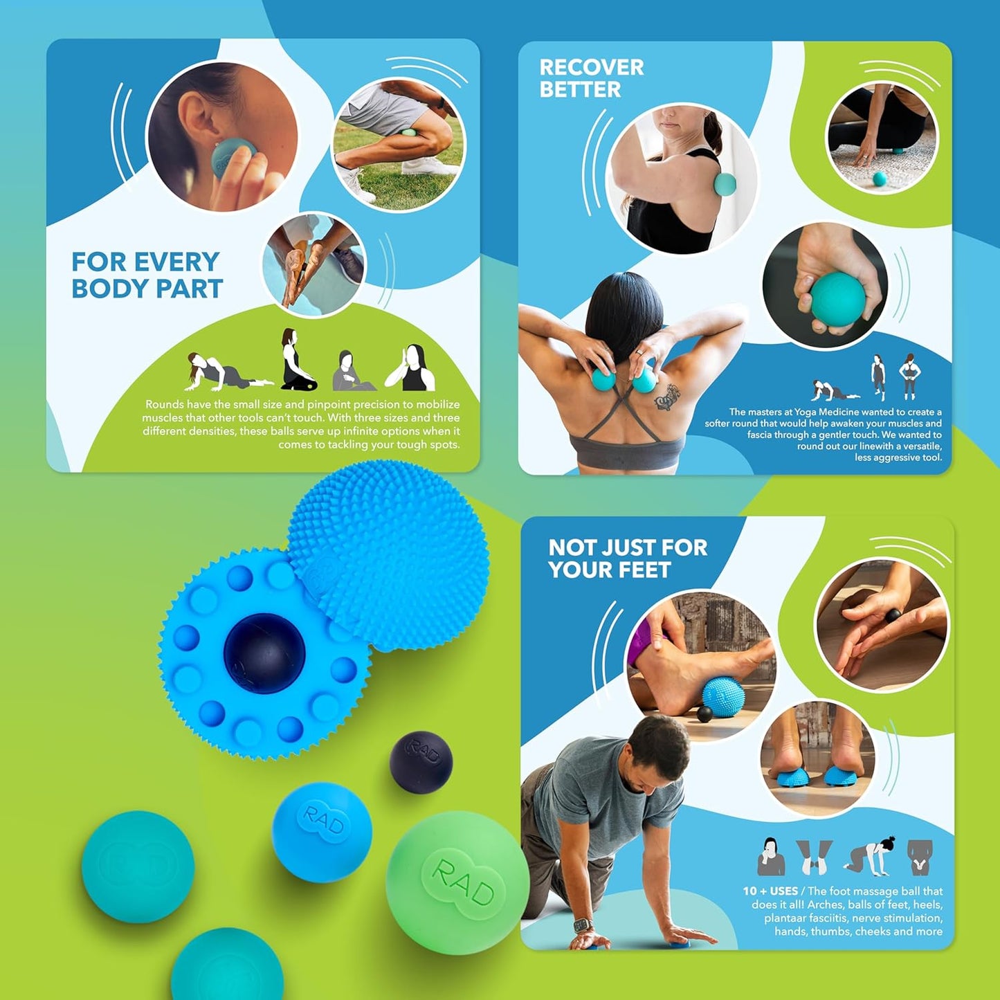 RAD All-in Kit 7-in-1 Foam Roller Set for Whole Body Massage & Myofascial Release with Roller Stick, Yoga Block, Massage Balls Muscle Recovery Tools for Mobility & Flexibility