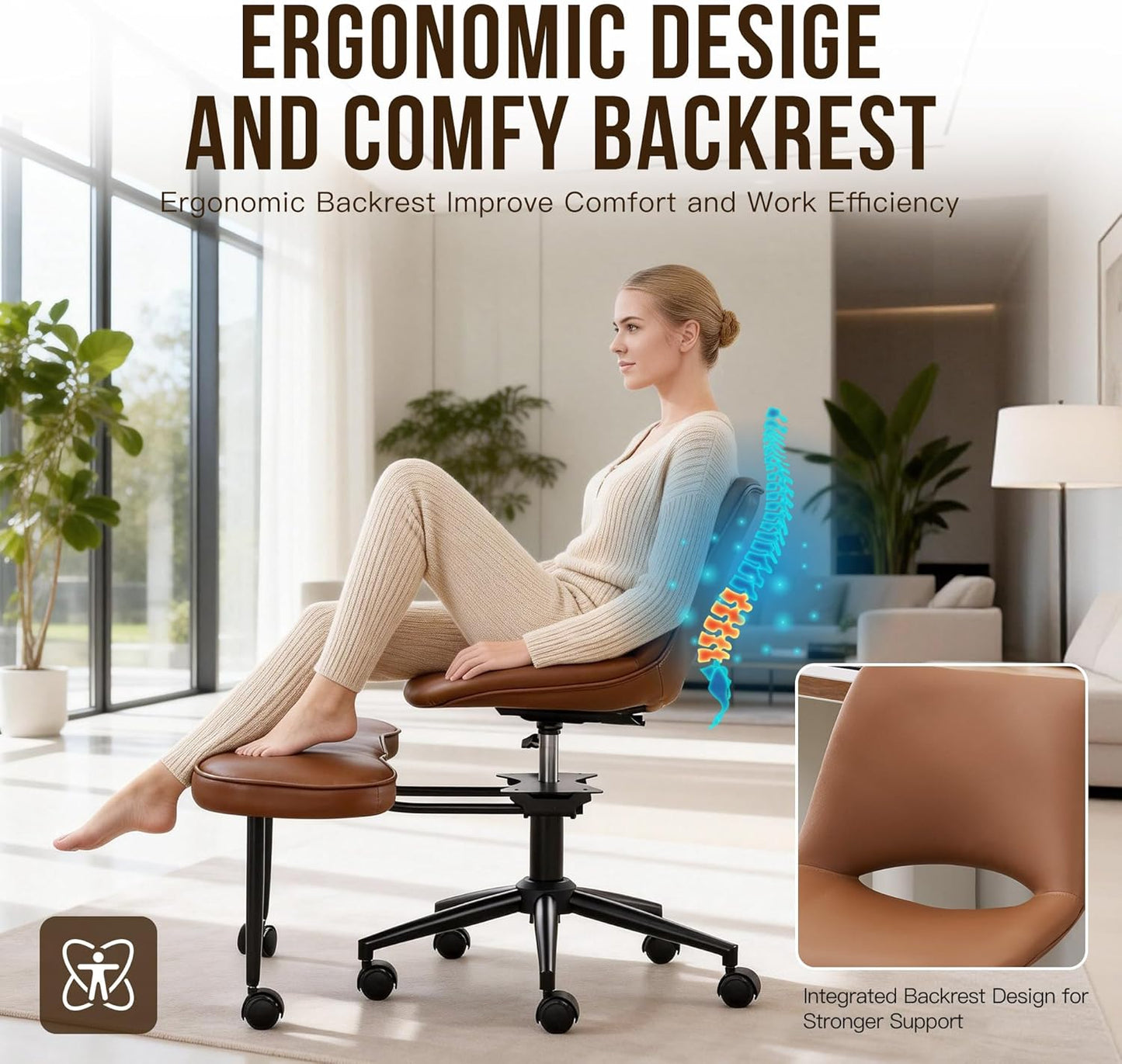 GAOMON Ergonomic Cross Legged Chair with High Lumbar Support, 360° Swivel Meditation Chair with Wheels - Adjustable Height for ADHD Desk & Yoga, PU Leather Yoga Stool for Home, Black