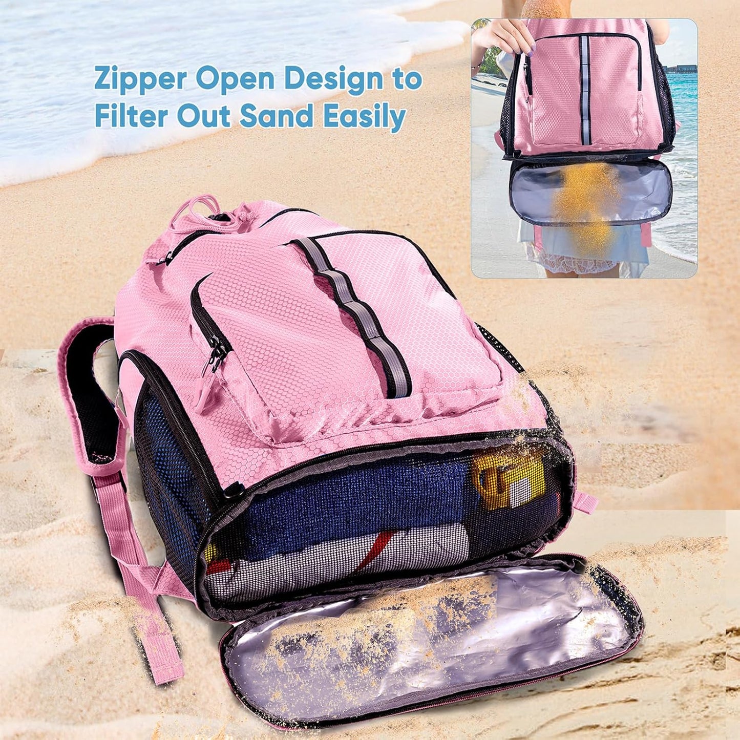 Large Beach Backpack Waterproof Sandproof - Customized Oversized Drawstring Pool Bag with Shoe Compartment for Toiletries, Towels, Gym, Travel