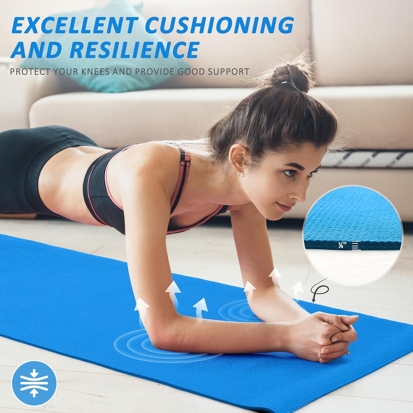 Signature Fitness All Purpose 0.25 Inch Thick High Density No Tear Exercise Yoga Mat with Strap & Lightweight Features for Indoor & Outdoor Use, Blue