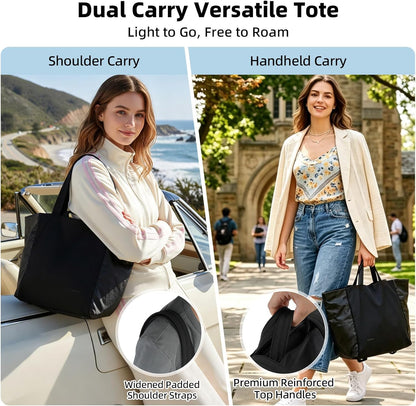 Lightweight Carryall Tote Bag for Women, 25L Expandable Travel Work Bag with Tablet Sleeve, Gym Tote with Yoga Mat Holder & Wet Dry Pocket, 3-Piece Set with Shoe Bag & Cosmetic Pouch (Black)