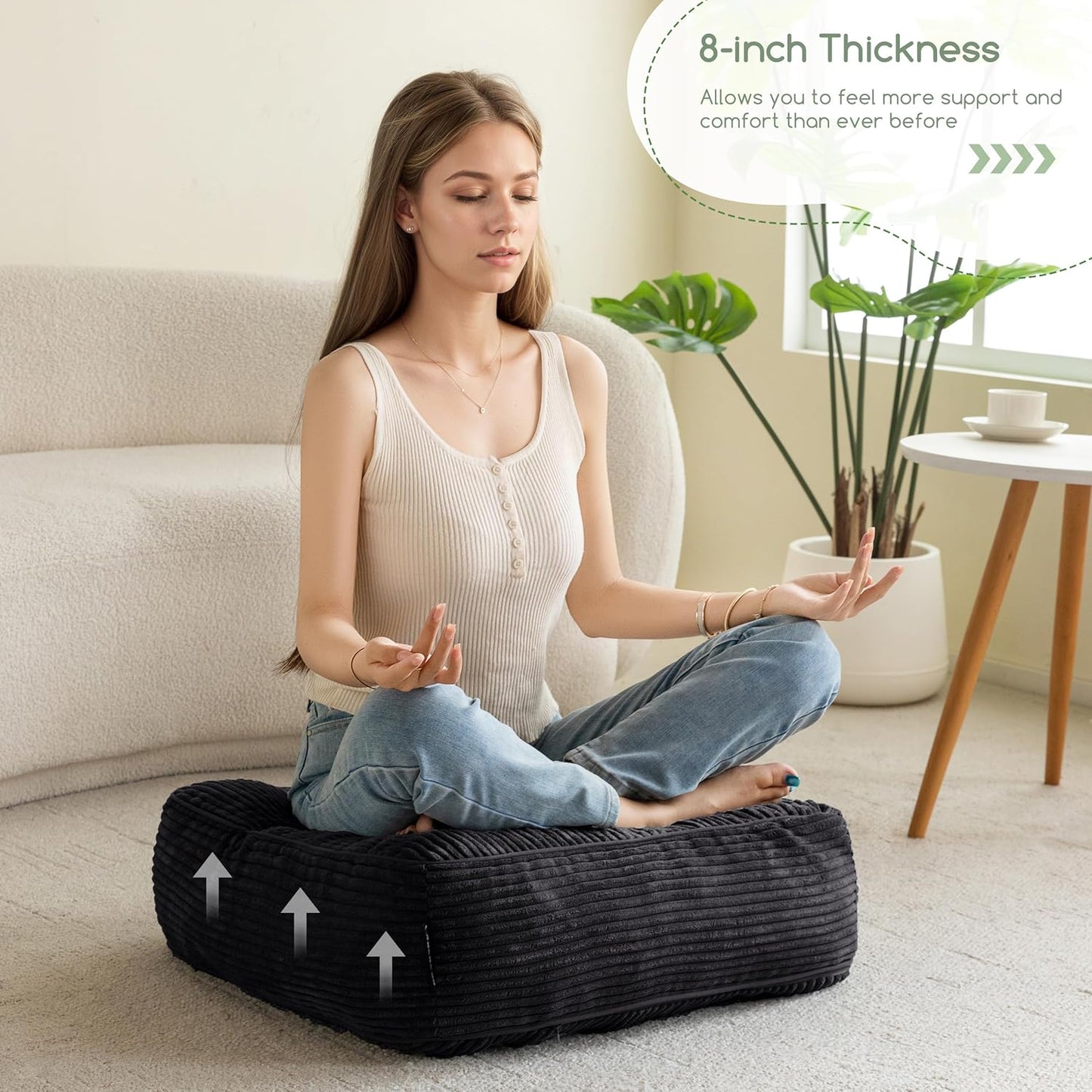 HIGOGOGO Floor Pillow Cushion for Adults, Meditation Cushion Pillow, Large Square Floor Sitting, Tufted Corduroy Cover, for Tatami Living Room or Yoga, 22x22 Inch, Dark Grey