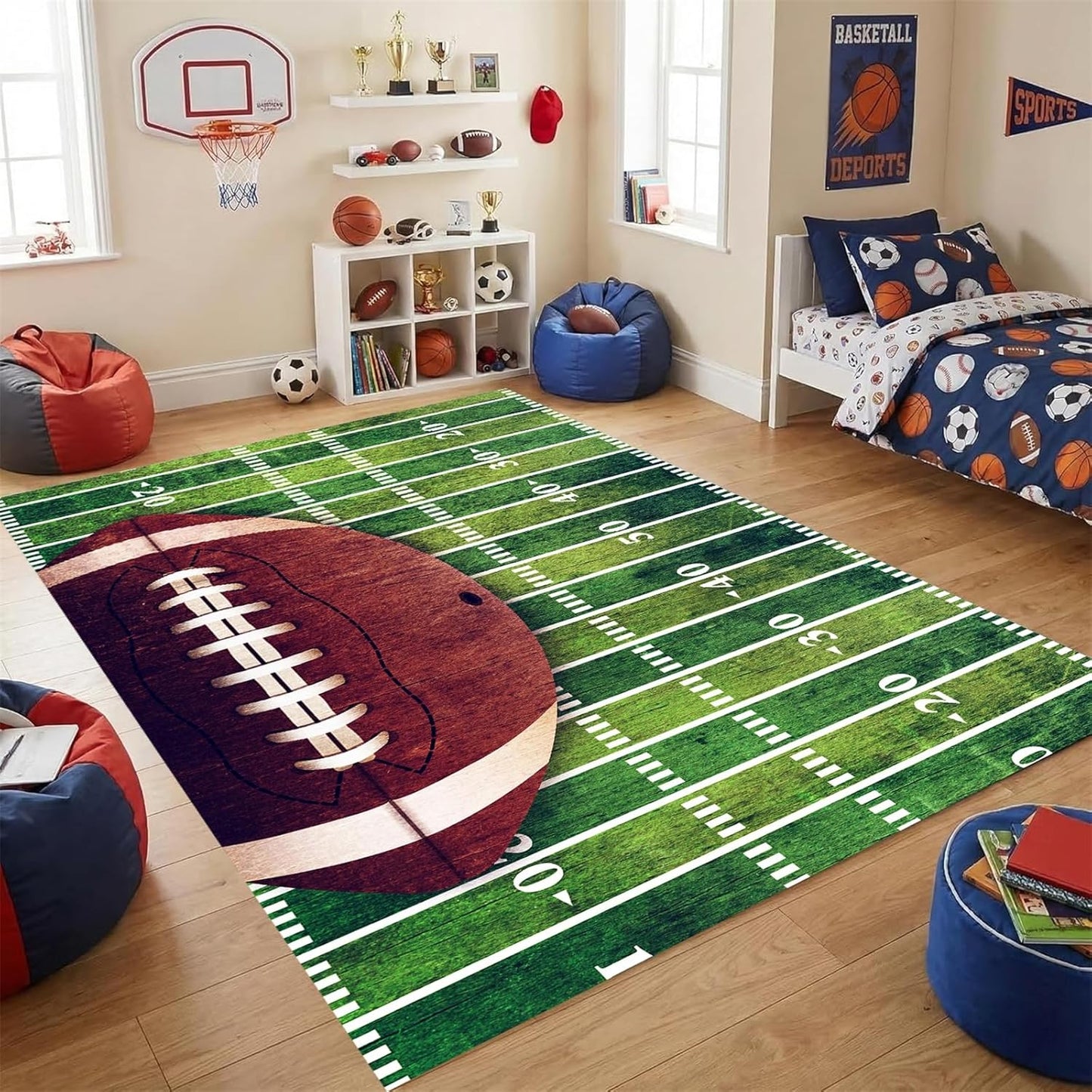 Sports Field Area Rug,5x7ft, Soccer Field Chalked Blackboard Football Stadium Board Painted Non-Slip Soft Carpet Floor Mat Indoor Living Room Bedroom Rugs Yoga Mat Home Decor
