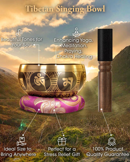 Relaehih Tibetan Singing Bowls Set-Hand-hammered in Nepal Sound Bowl for Meditation, Yoga, Chakra, Meditation Accessories, Stress Relief Tool and Unique Gifts for Women, Men (Yellow, 4 inch)