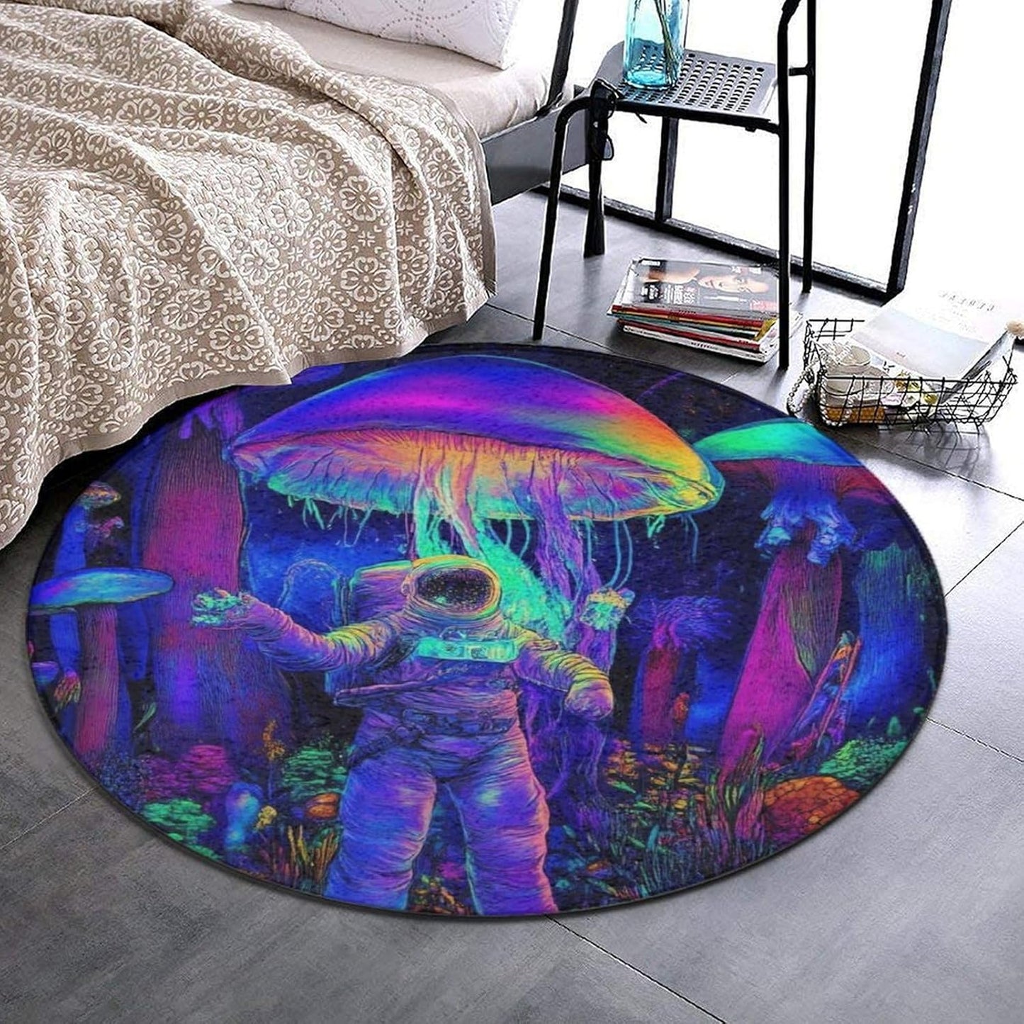Home Decor Non Slip Kitchen Office Circle Rug, Machine Washable Modern Round Area Rug, Room Sofa Yoga Soft Round Carpet Purple Galaxy Trippy Space Astronaut Art, 36inch