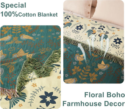 Boho Throw Blanket - 100% Cotton Soft Summer Throw Blanket for Bed, 50"x60" Reversible Breathable Lightweight Blankets, All Seasons Farmhouse Decor Floral Plant Butterfly Throw Quilt
