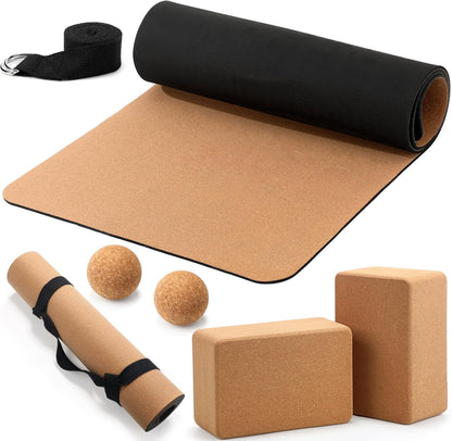 Seenelling 7 Pcs Cork All in One Yoga Essentials Kit Large Cork Yoga Mat and Blocks Set with Carry Strap and Alignment Lines 2 Pcs Massage Balls 10ft Stretch Strap for All Levels