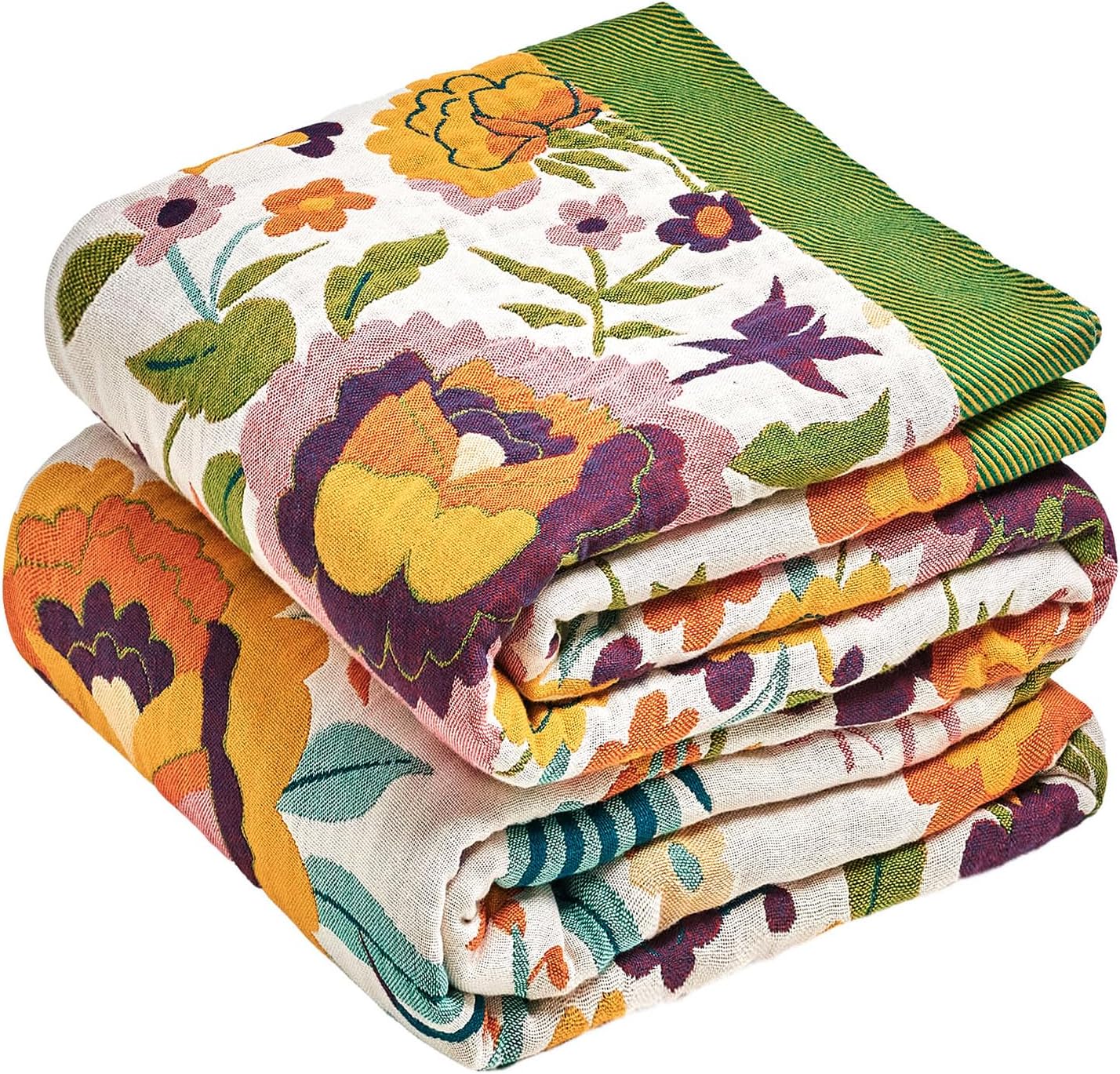 Boho Throw Blanket - 100% Cotton Soft Summer Throw Blanket for Bed, 50"x60" Reversible Breathable Lightweight Blankets, All Seasons Farmhouse Decor Floral Plant Butterfly Throw Quilt