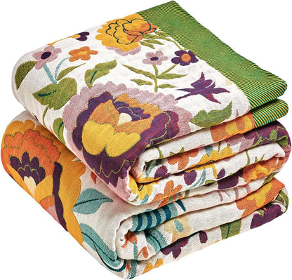 Boho Throw Blanket - 100% Cotton Soft Summer Throw Blanket for Bed, 50"x60" Reversible Breathable Lightweight Blankets, All Seasons Farmhouse Decor Floral Plant Butterfly Throw Quilt