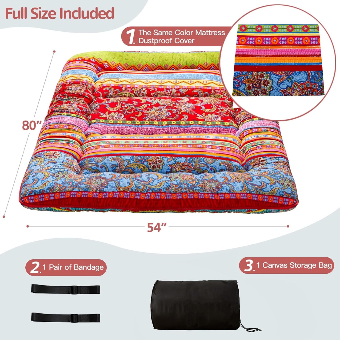 MAXYOYO Bohemian Retro Mattress Boho Floral Japanese Futon Mattress Tatami Floor Mat Foldable Portable Camping, Sleeping Pad, Lounger Couch Bed Full Size