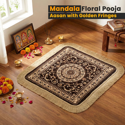 Soft Chenille Prayer Mat | Traditional Mandala Floral Pooja Aasan with Golden Fringes | Multipurpose Square Rug for Meditation, Yoga, Puja Room & Home (Red, 2x2 Feet)