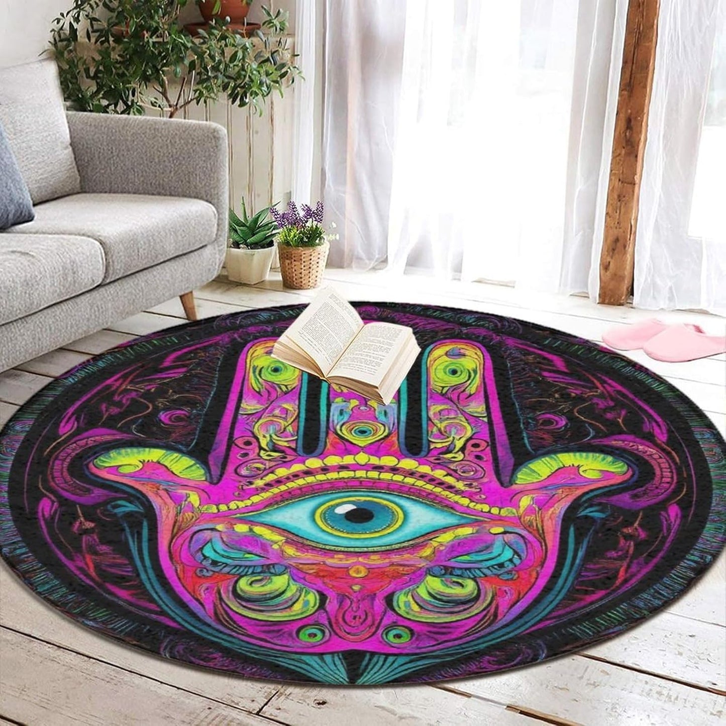 Machine Washable Modern Round Area Rug, Room Sofa Yoga Soft Round Carpet, Home Decor Non Slip Kitchen Office Circle Rug Trippy Rainbow Mushroom Tie Dye Art, 60inch