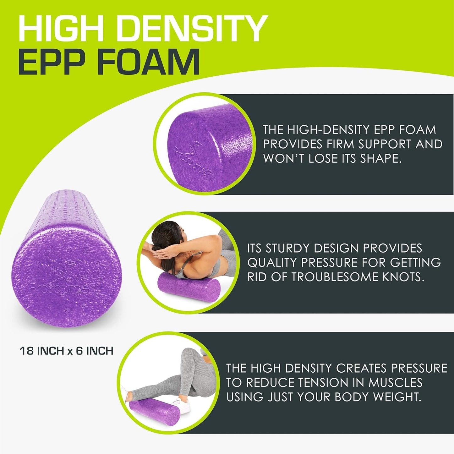 ProsourceFit High Density Foam Rollers 12 - inches long, Firm Full Body Athletic Massage Tool for Back Stretching, Yoga, Pilates, Post Workout Muscle Recuperation, Black