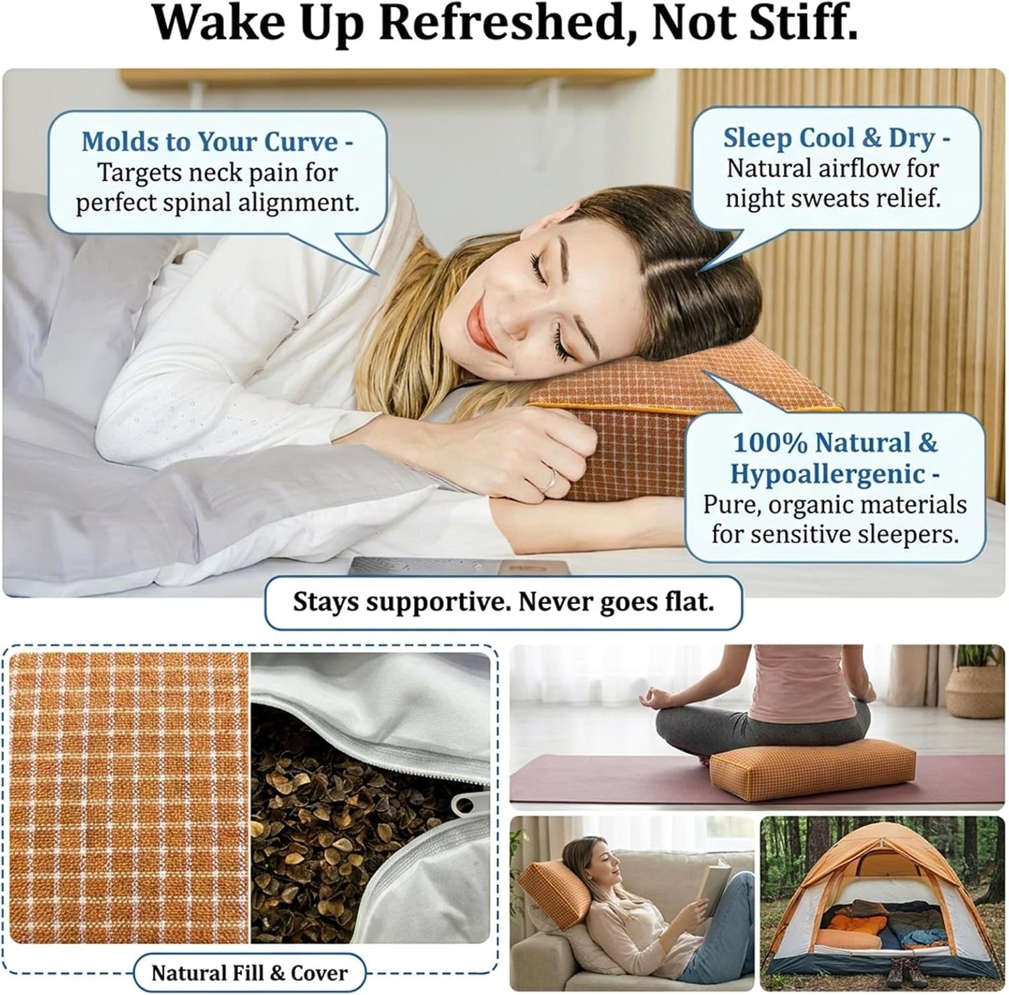 Adjustable Buckwheat Hull Pillow for Neck Pain Relief (21x8x4in) Natural Cooling Cervical Support Organic Pillow for Side & Back Sleepers with Night Sweats (Grey)