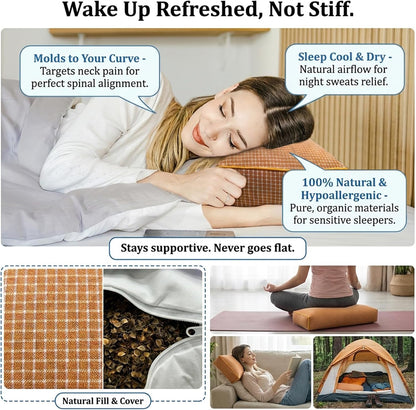 Adjustable Buckwheat Hull Pillow for Neck Pain Relief (21x8x4in) Natural Cooling Cervical Support Organic Pillow for Side & Back Sleepers with Night Sweats (Grey)