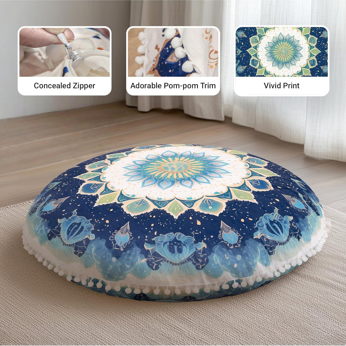 Meditation Cushion 32 Inch Round, Large Floor Pillow Seating for Adults, Bohemian Mandala Yoga Cushion, Extra Thick Memory Foam Removable Washable Cover, Ideal Gift & Holiday Decor, Blue