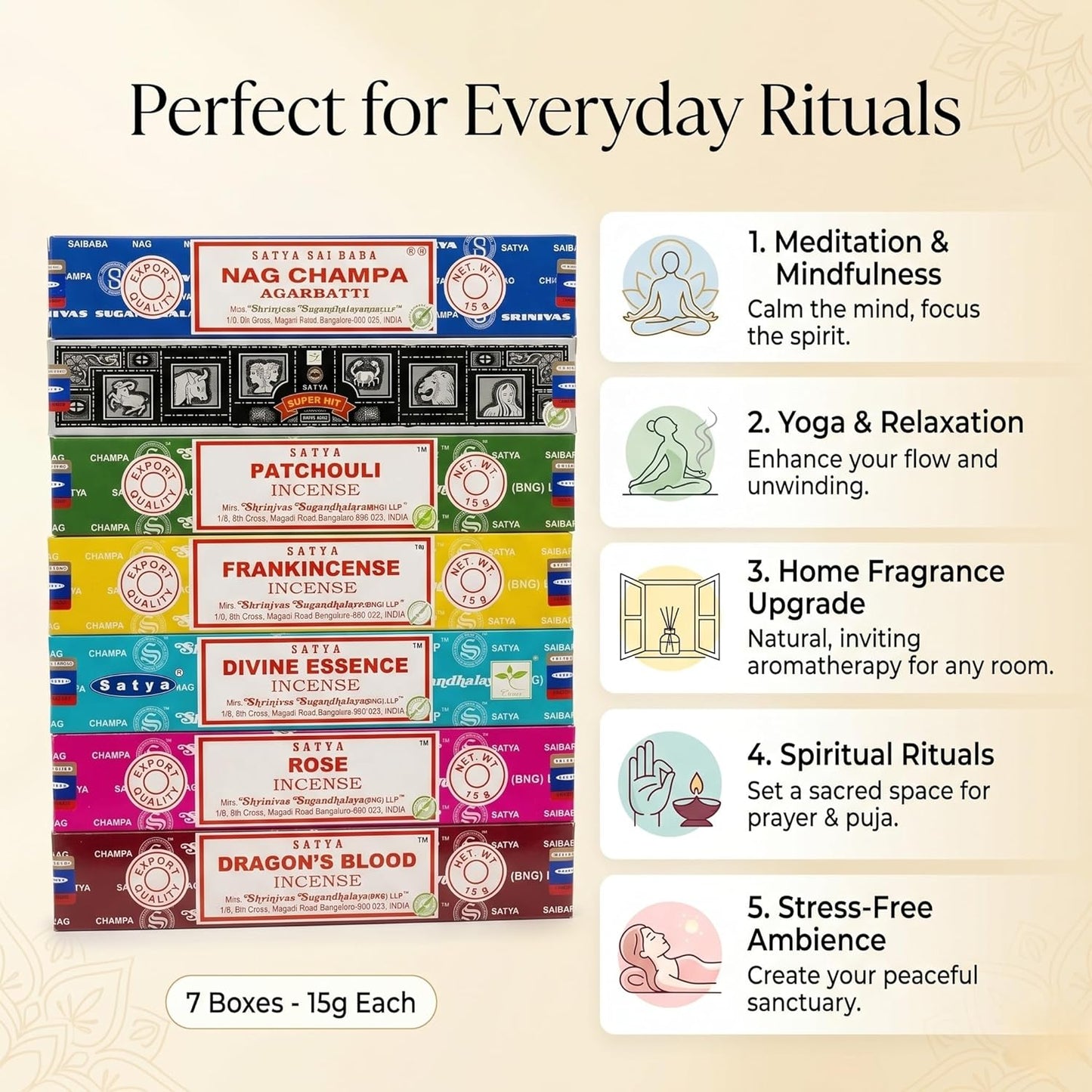 Satya Incense Gift Set Nag Champa, Super hit, Dragon's Blood, Sandalwood, Patchouli, Lavender, Positive Vibes, 15 g