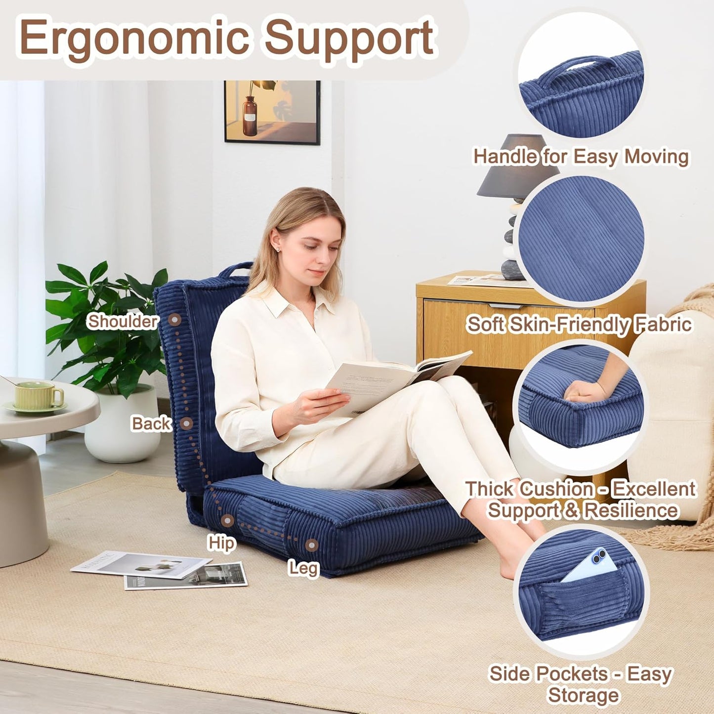 Adjustable Floor Chair with Back Support, 6-Position, Folding Japanese Meditation Tatami Chair, Comfy Gaming Chairs for Adults, Accent Sofa Reading Chairs, Living Room, Bedroom, Coffee