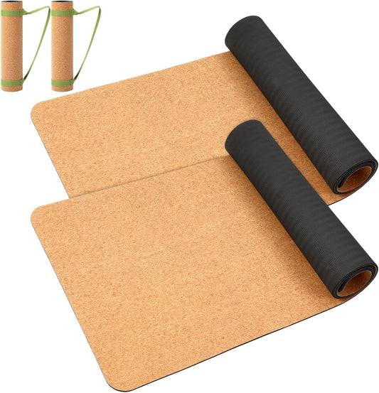 Silipull 2 Pcs Cork Yoga Mat, 68 x 24 inch Premium 6mm Solid Thick Non Slip Fitness & Exercise Mat for All Types of Yoga Pilates & Floor Workouts with Strap